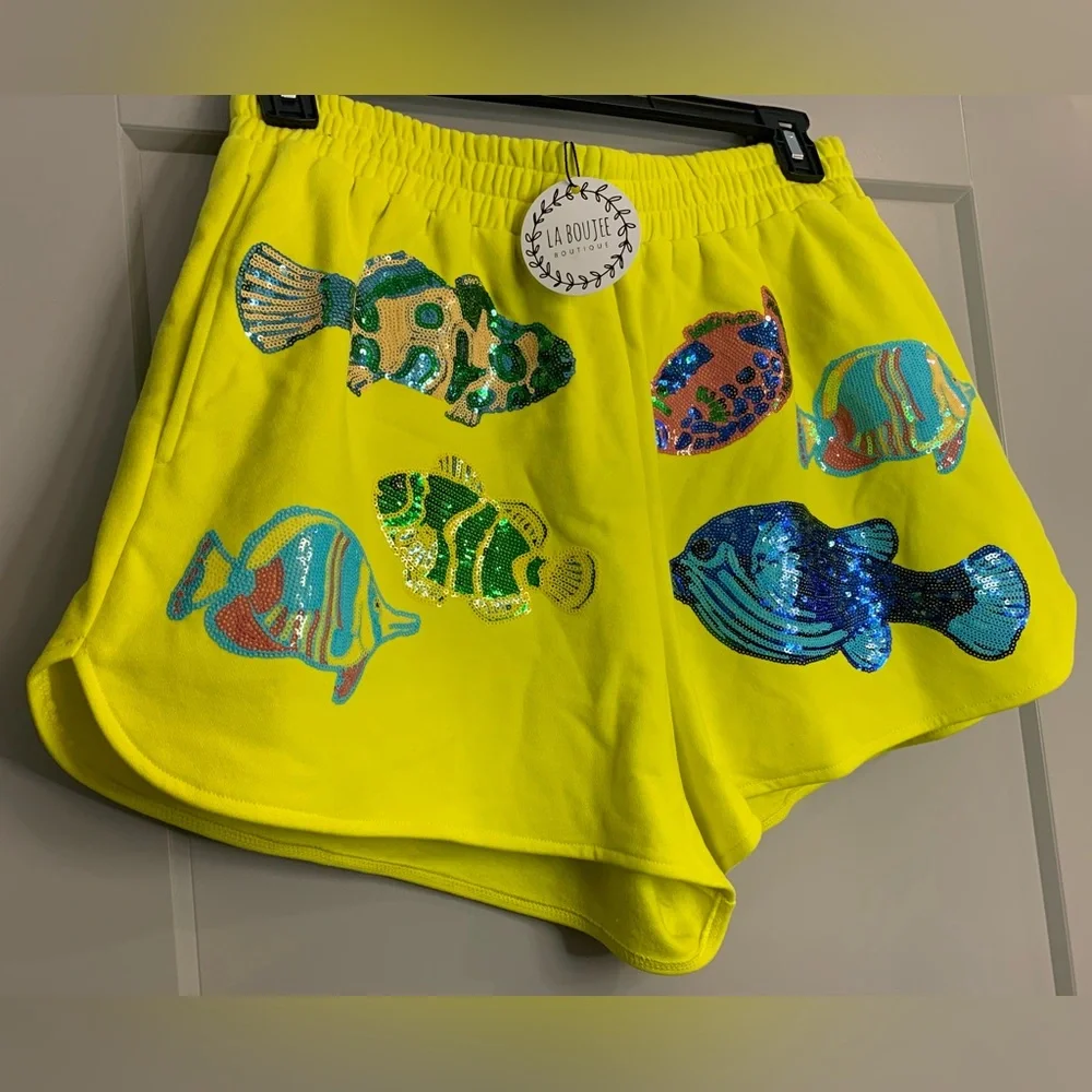 NWT Queen of Sparkles Yellow Fish Sequin Shorts Large Revolve Beach Vacation - Picture 10 of 12